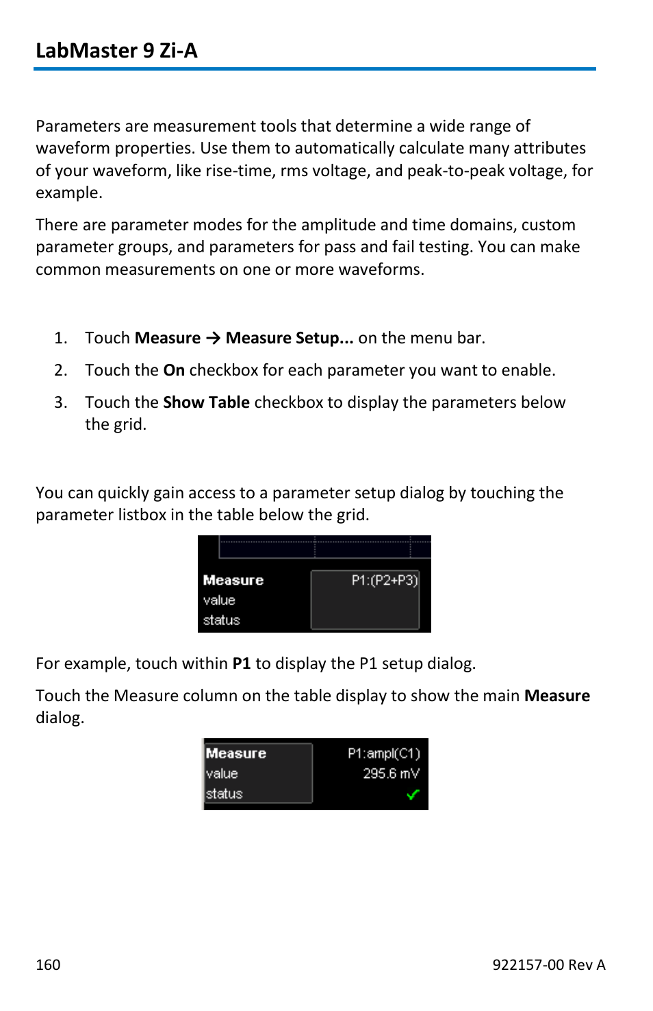 Measurement parameters, Labmaster 9 zi-a, Turning on parameters | Quick access to parameter setup dialogs | Teledyne LeCroy LabMaster 9Zi-A User Manual | Page 168 / 264