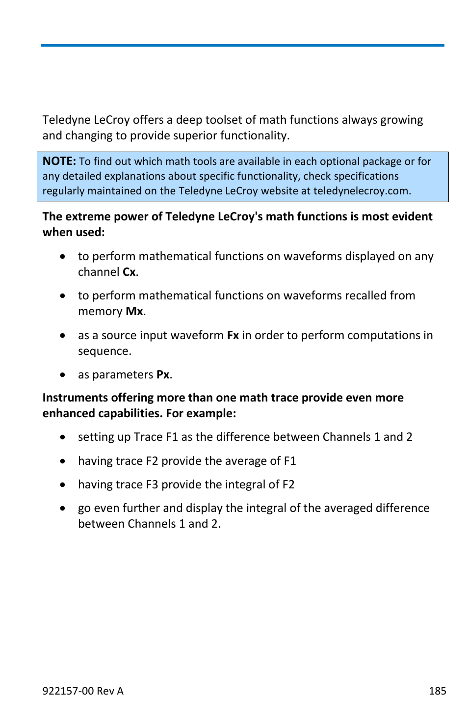 Math, Math traces and functions overview | Teledyne LeCroy LabMaster 9Zi-A User Manual | Page 193 / 264