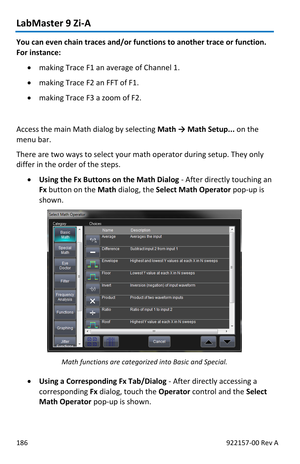 Labmaster 9 zi-a, Math setup | Teledyne LeCroy LabMaster 9Zi-A User Manual | Page 194 / 264