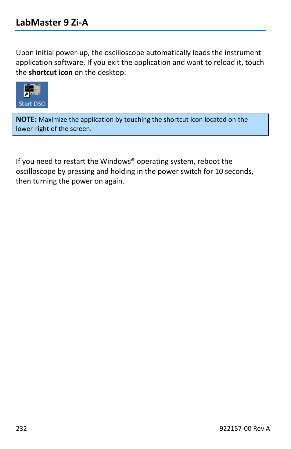 Labmaster 9 zi-a, Restarting the application, Restarting the operating system | Teledyne LeCroy LabMaster 9Zi-A User Manual | Page 240 / 264