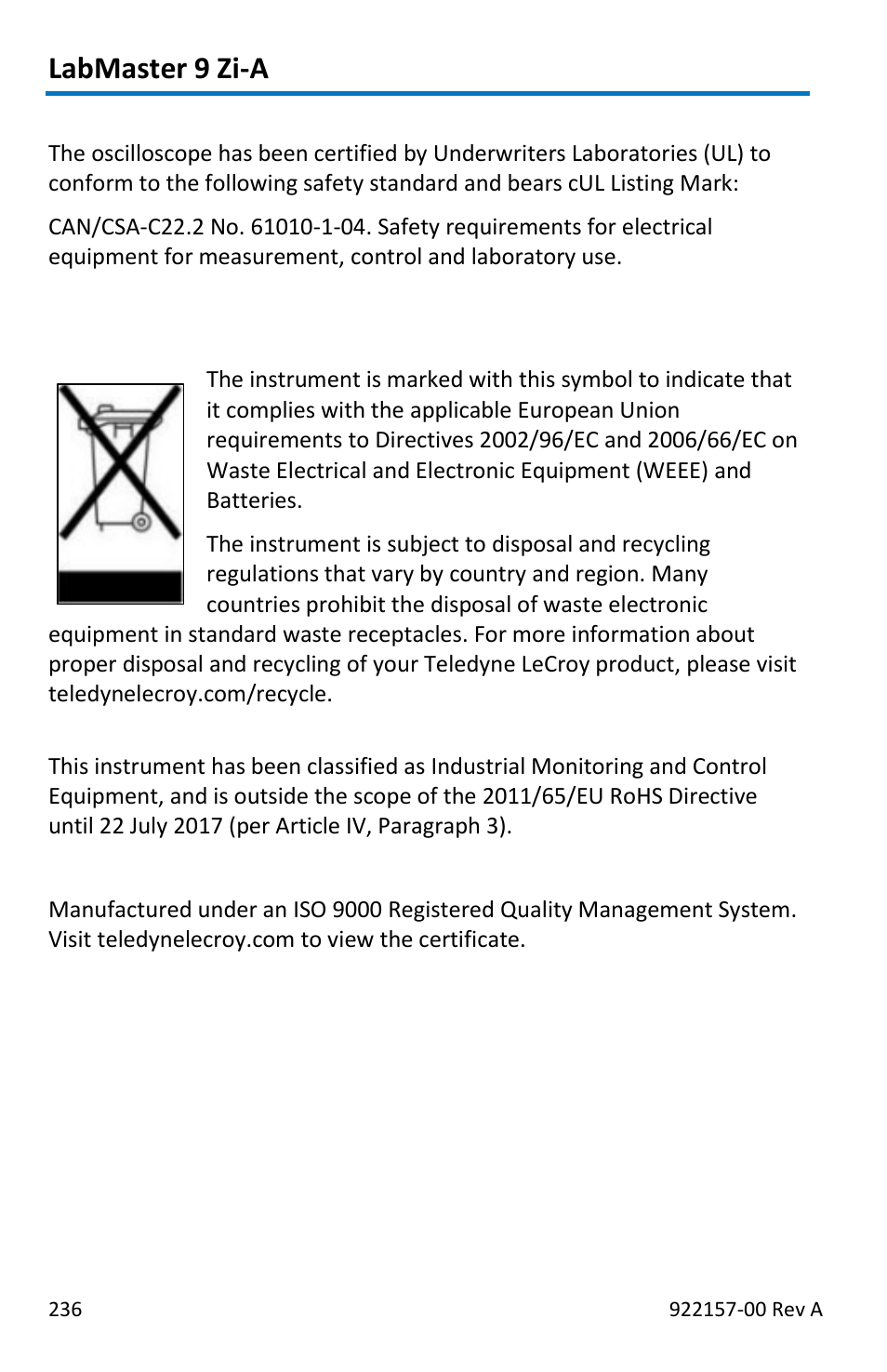 Labmaster 9 zi-a, Environmental compliance, Iso certification | Teledyne LeCroy LabMaster 9Zi-A User Manual | Page 244 / 264