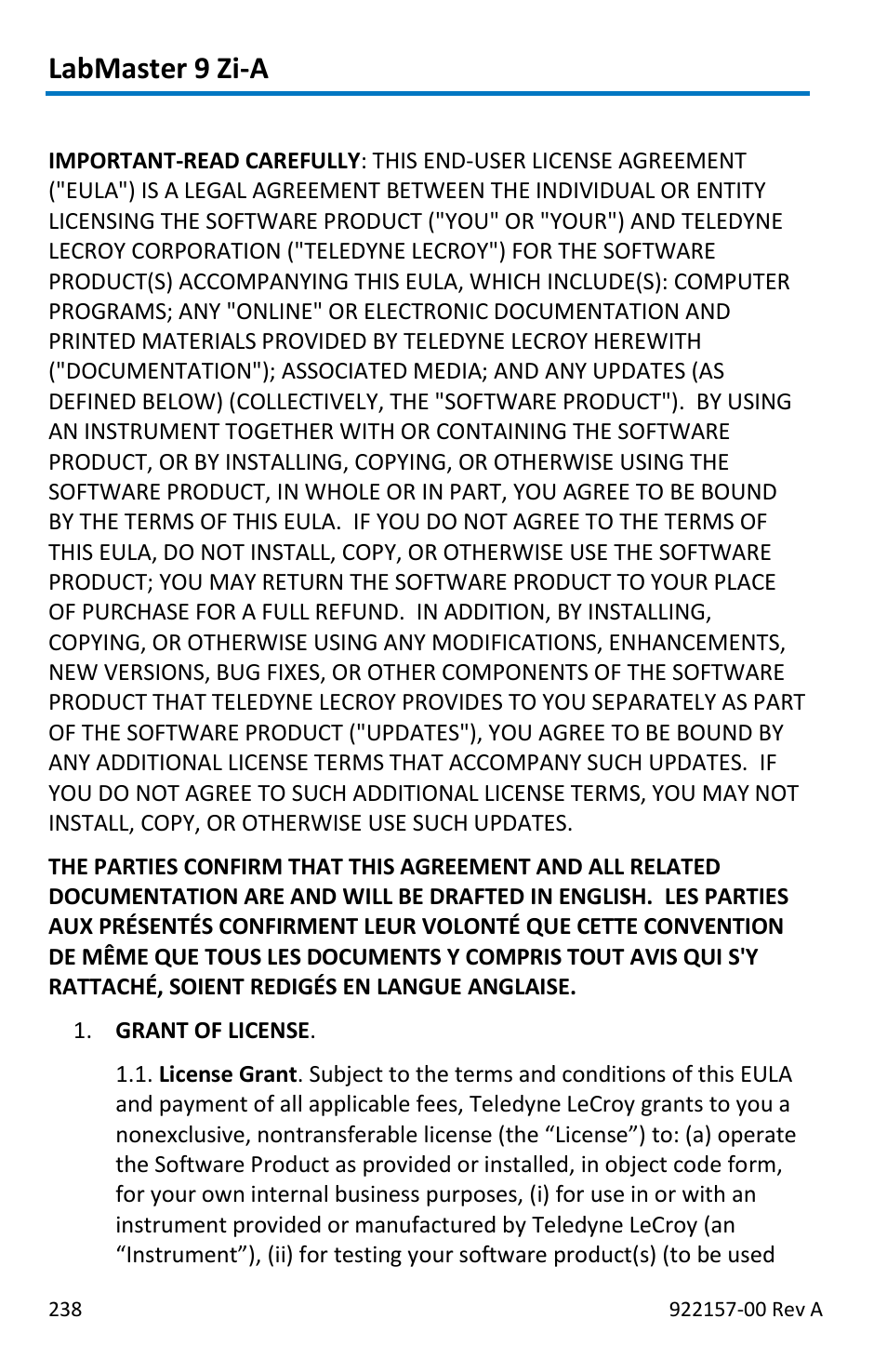 Labmaster 9 zi-a, X-stream, Software end-user license agreement | Teledyne LeCroy LabMaster 9Zi-A User Manual | Page 246 / 264