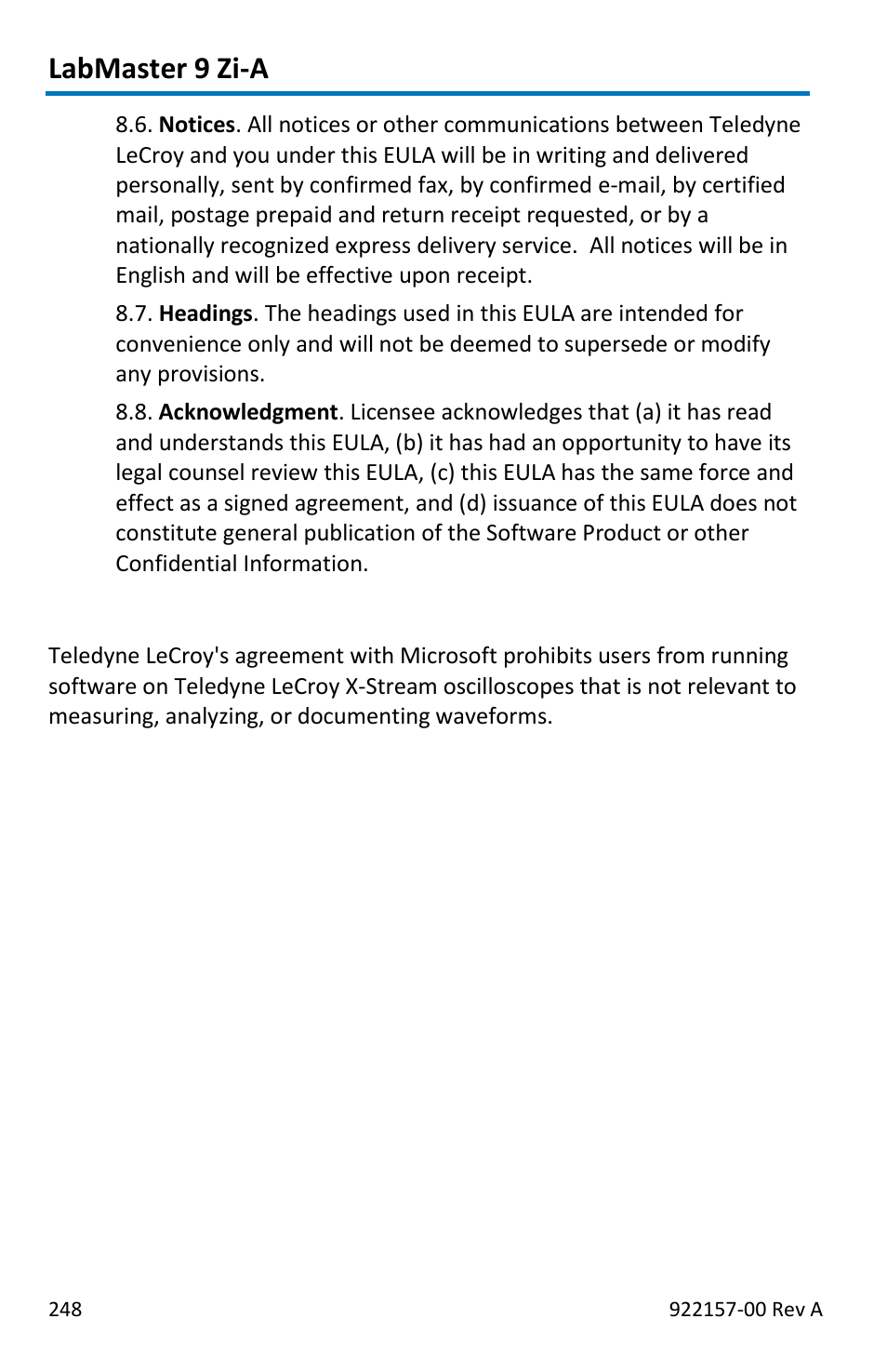 Labmaster 9 zi-a, Windows, License agreement | Teledyne LeCroy LabMaster 9Zi-A User Manual | Page 256 / 264