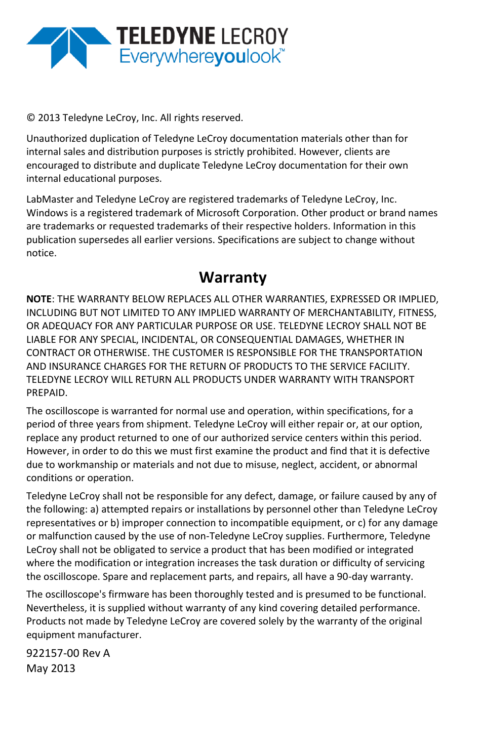 Warranty | Teledyne LeCroy LabMaster 9Zi-A User Manual | Page 4 / 264