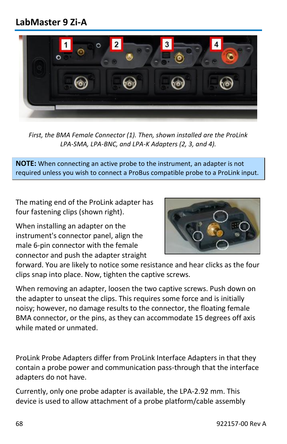 Labmaster 9 zi-a, Prolink probe adapters | Teledyne LeCroy LabMaster 9Zi-A User Manual | Page 76 / 264