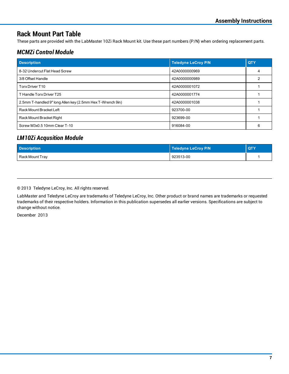 Rack mount part table, Mcmzi control module, Lm10zi acqusition module | Assembly instructions | Teledyne LeCroy LabMaster 10Zi Rackmount User Manual | Page 7 / 8