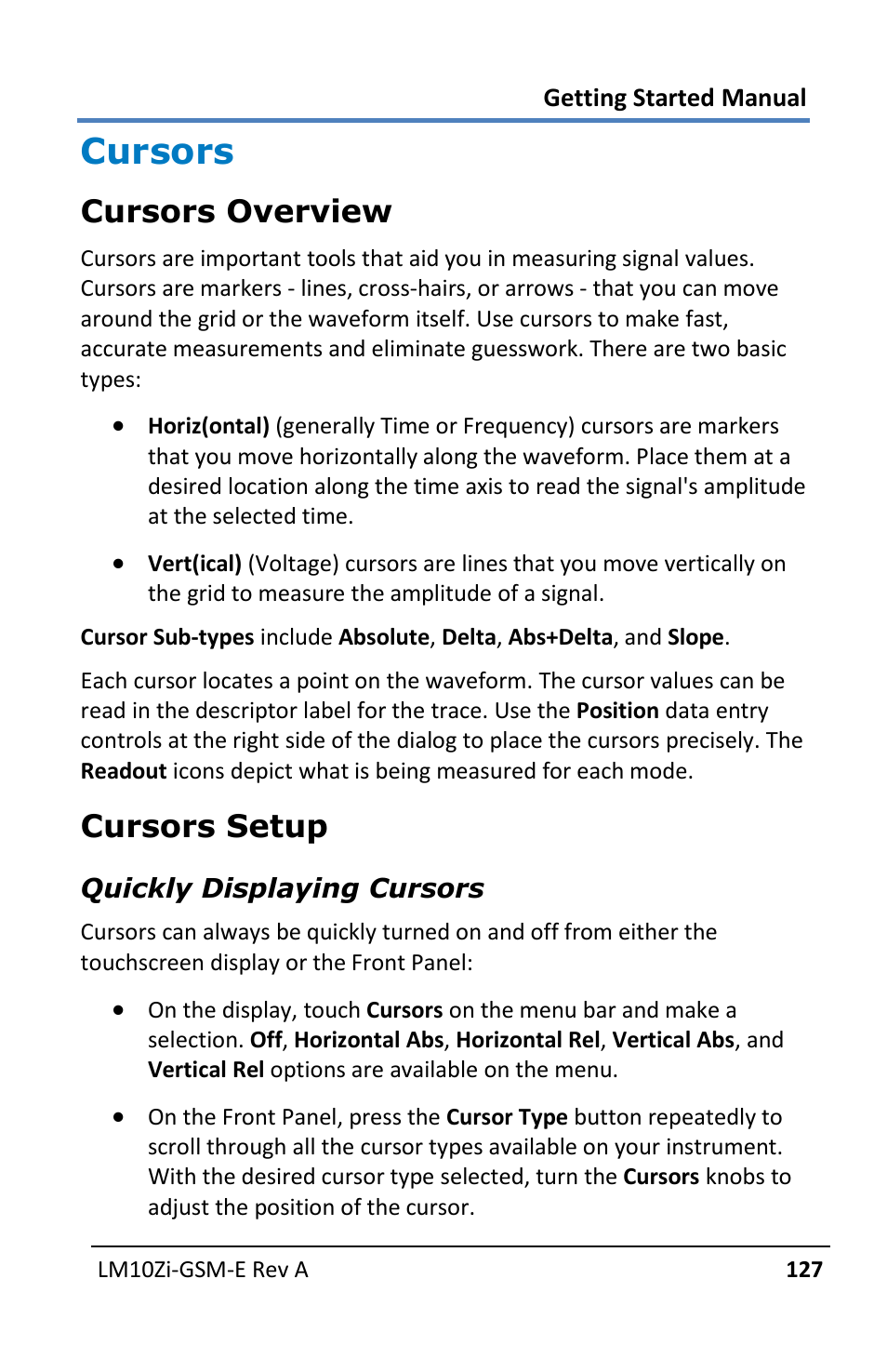 Cursors, Cursors overview, Cursors setup | Teledyne LeCroy LabMaster 10Zi Getting Started Manual User Manual | Page 134 / 236