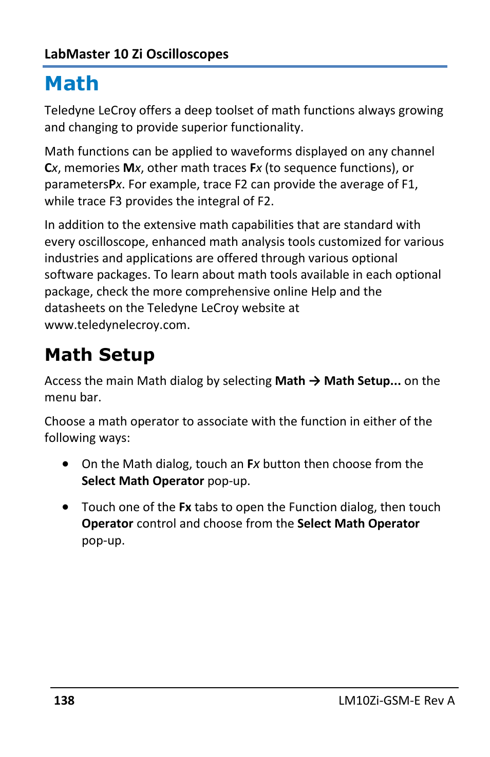 Math, Math setup | Teledyne LeCroy LabMaster 10Zi Getting Started Manual User Manual | Page 145 / 236