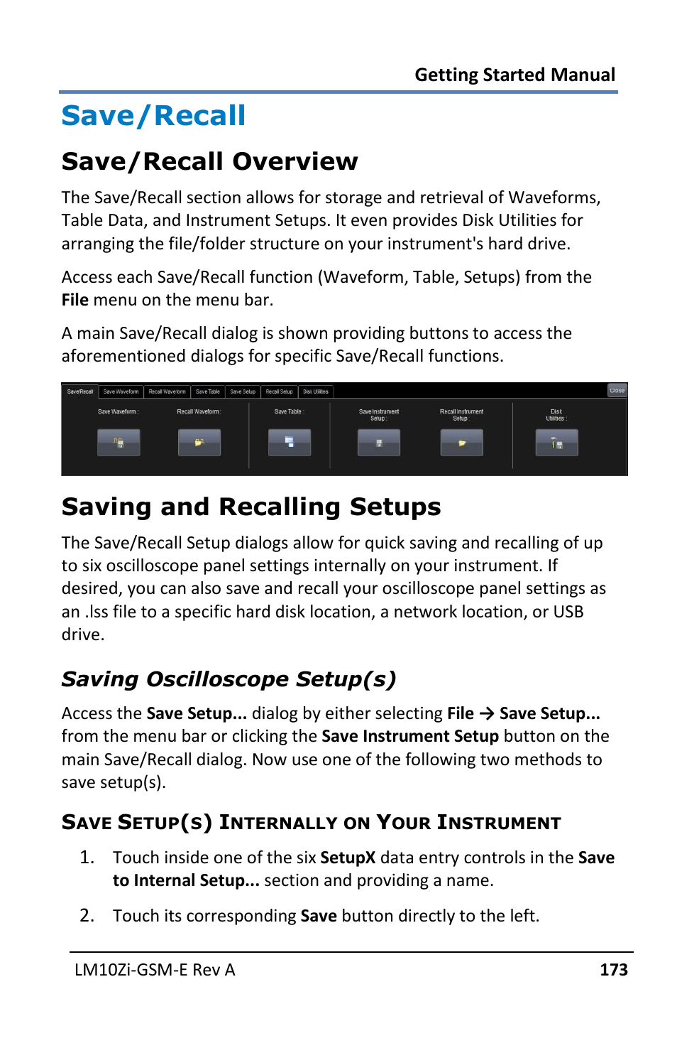 Save/recall, Save/recall overview, Saving and recalling setups | Teledyne LeCroy LabMaster 10Zi Getting Started Manual User Manual | Page 180 / 236