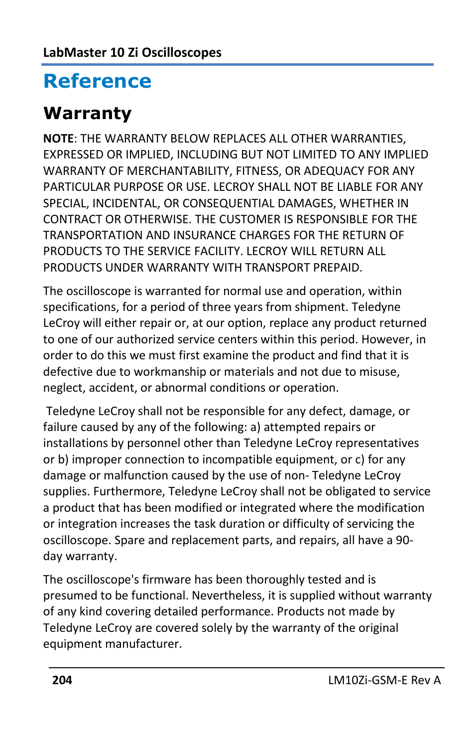 Reference, Warranty | Teledyne LeCroy LabMaster 10Zi Getting Started Manual User Manual | Page 211 / 236