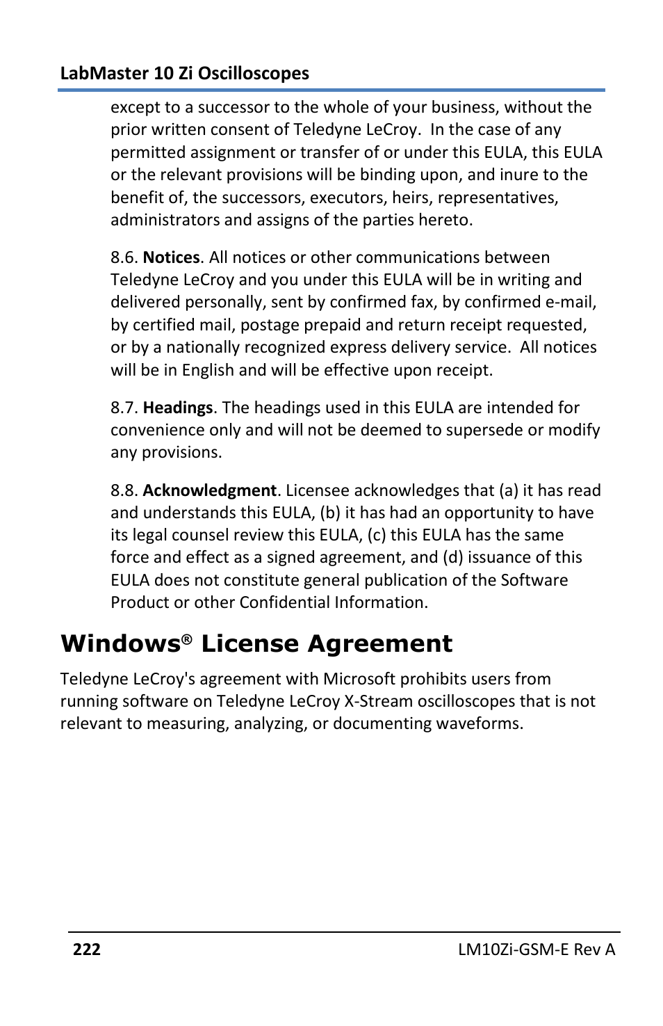 Windows, License agreement | Teledyne LeCroy LabMaster 10Zi Getting Started Manual User Manual | Page 229 / 236