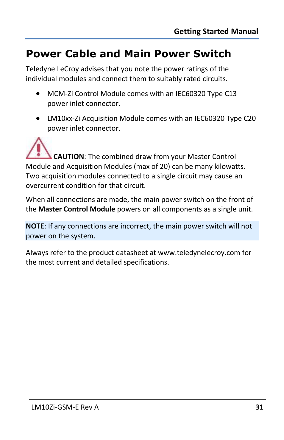 Power cable and main power switch | Teledyne LeCroy LabMaster 10Zi Getting Started Manual User Manual | Page 38 / 236