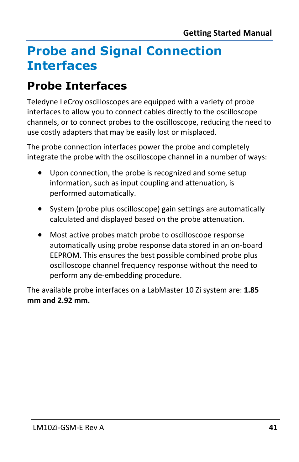 Probe and signal connection interfaces, Probe interfaces | Teledyne LeCroy LabMaster 10Zi Getting Started Manual User Manual | Page 48 / 236