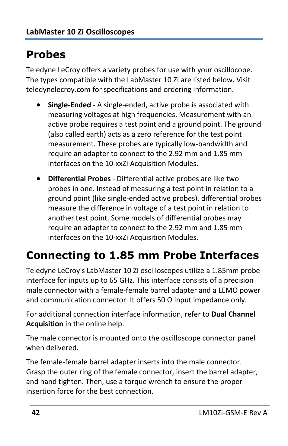 Probes, Connecting to 1.85 mm probe interfaces | Teledyne LeCroy LabMaster 10Zi Getting Started Manual User Manual | Page 49 / 236