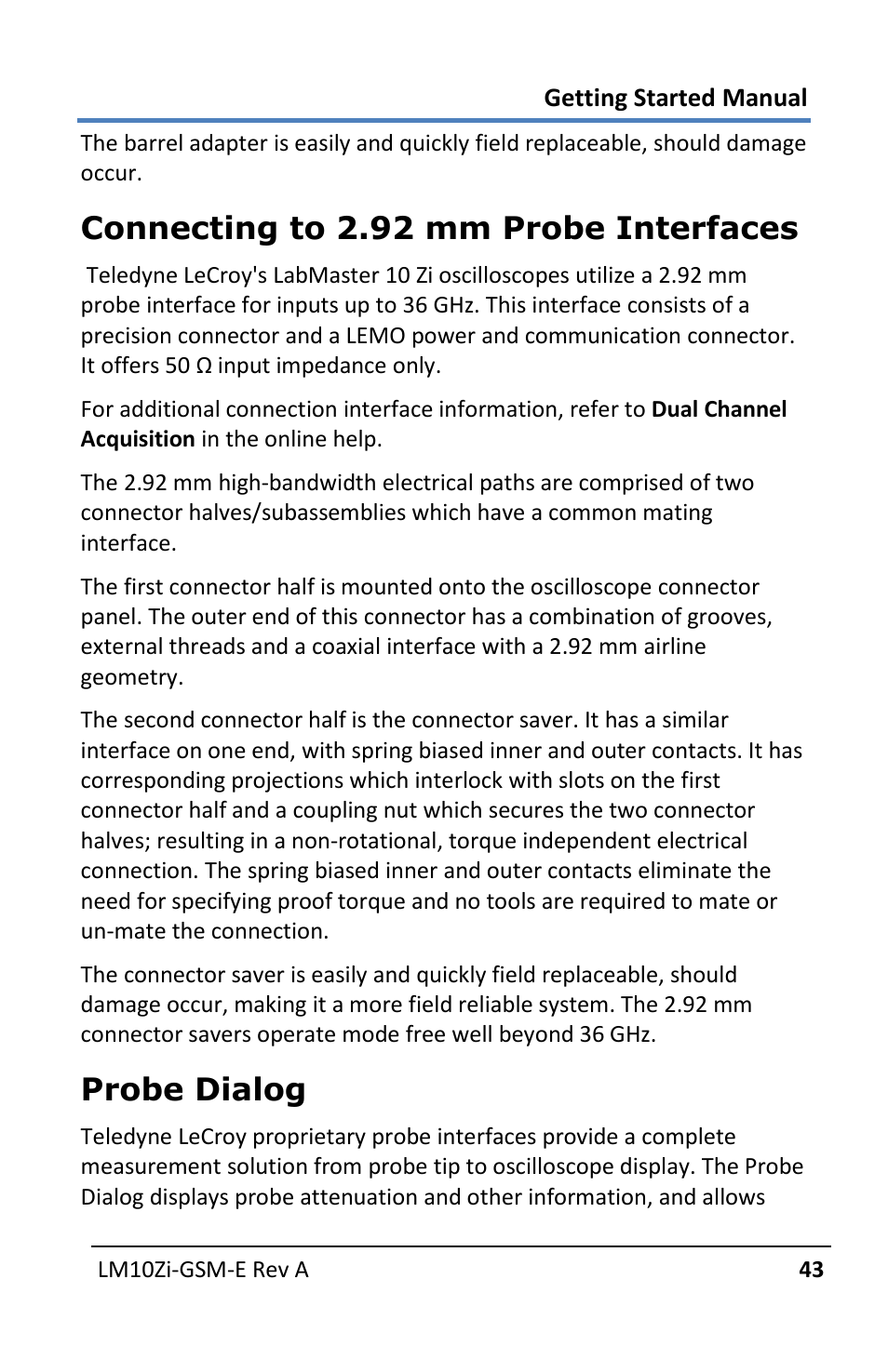 Connecting to 2.92 mm probe interfaces, Probe dialog | Teledyne LeCroy LabMaster 10Zi Getting Started Manual User Manual | Page 50 / 236