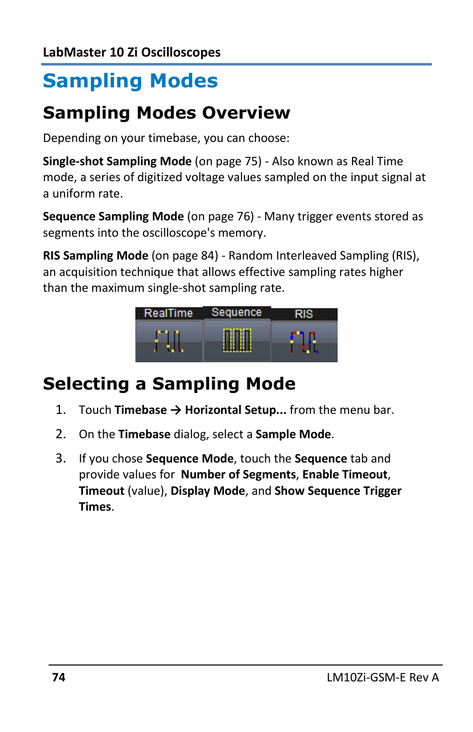 Sampling modes, Sampling modes overview, Selecting a sampling mode | Teledyne LeCroy LabMaster 10Zi Getting Started Manual User Manual | Page 81 / 236