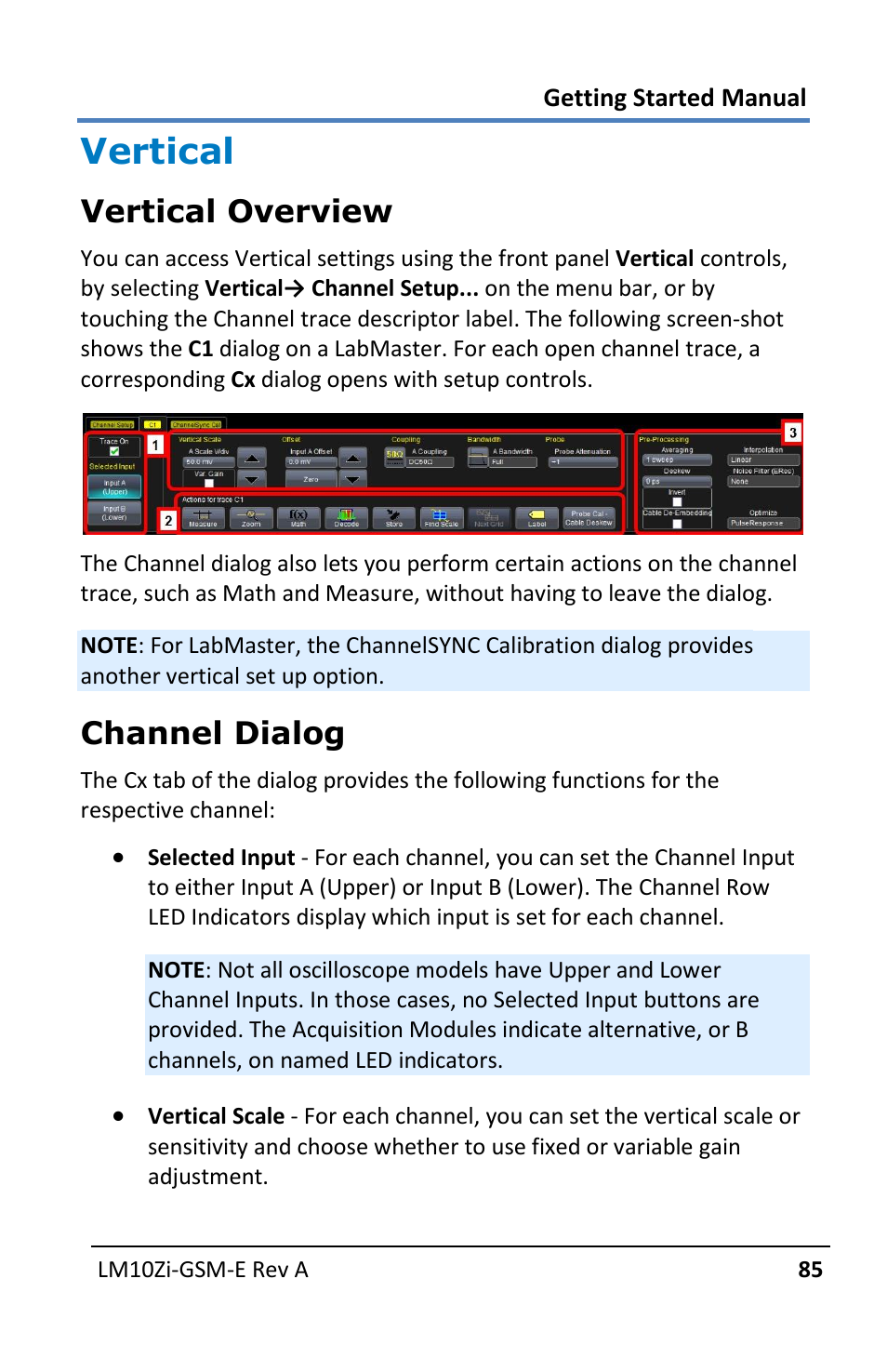 Vertical, Vertical overview, Channel dialog | Teledyne LeCroy LabMaster 10Zi Getting Started Manual User Manual | Page 92 / 236