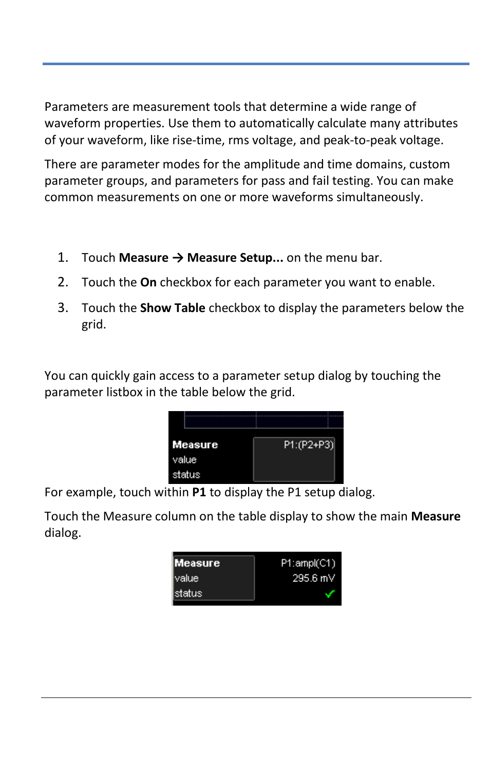 Measurements, Turning on measurements, Quick access to parameter setup dialogs | Teledyne LeCroy LabMaster 10Zi Operators Manual User Manual | Page 115 / 198