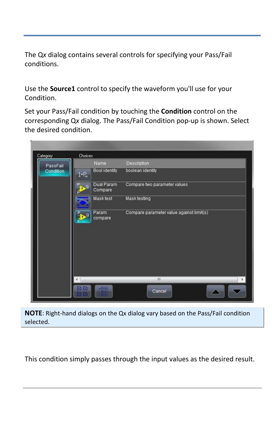 Pass/fail condition setup on qx dialogs | Teledyne LeCroy LabMaster 10Zi Operators Manual User Manual | Page 131 / 198