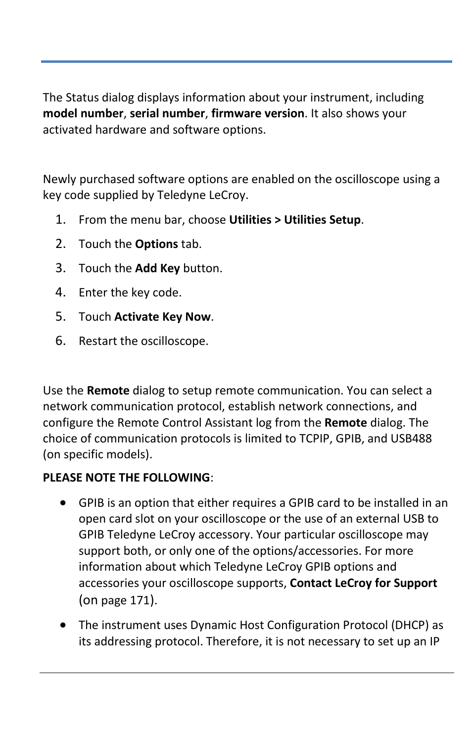 Status, Software options, Remote control | Teledyne LeCroy LabMaster 10Zi Operators Manual User Manual | Page 155 / 198