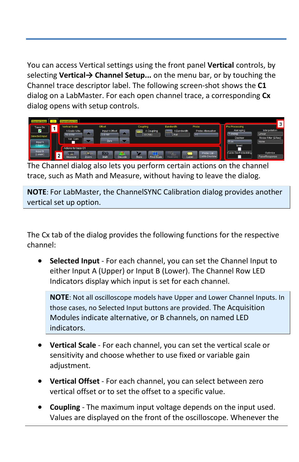 Vertical, Channel dialog | Teledyne LeCroy LabMaster 10Zi Operators Manual User Manual | Page 75 / 198