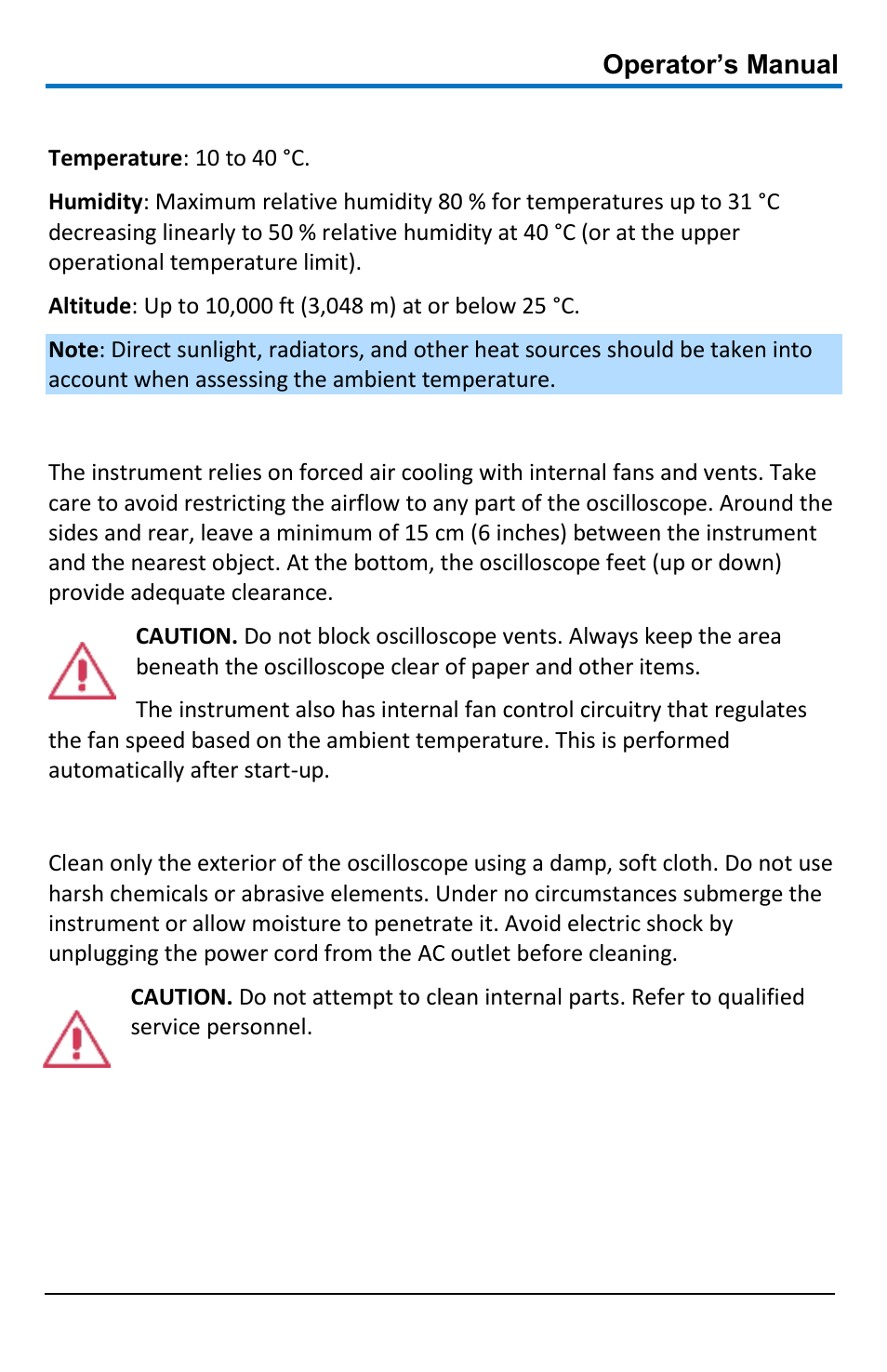 Operating environment, Cooling, Cleaning | Teledyne LeCroy WaveAce 1000_2000 User Manual | Page 11 / 108