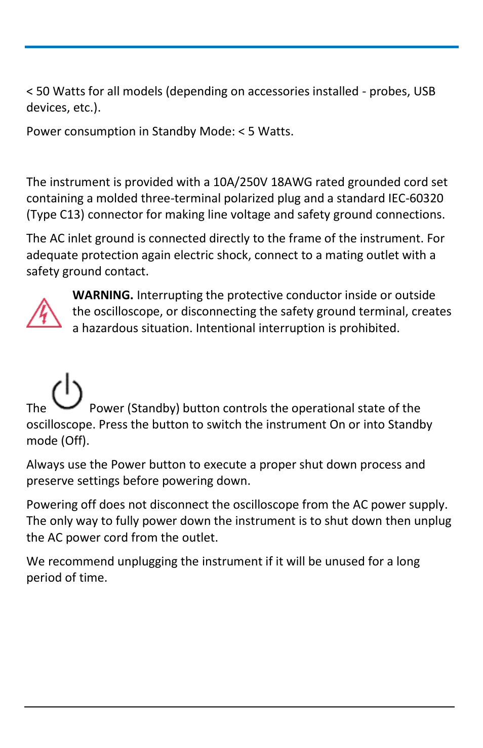 Power consumption, Power and ground connections, Standby power | Teledyne LeCroy WaveAce 1000_2000 User Manual | Page 12 / 108