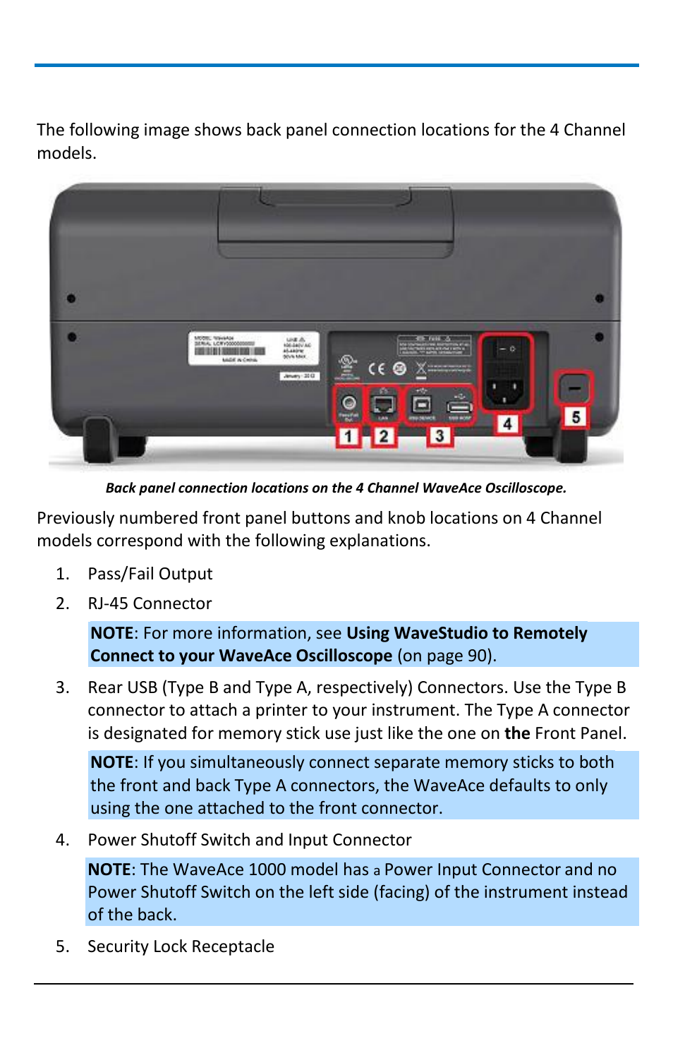 Back and side inputs/outputs | Teledyne LeCroy WaveAce 1000_2000 User Manual | Page 14 / 108