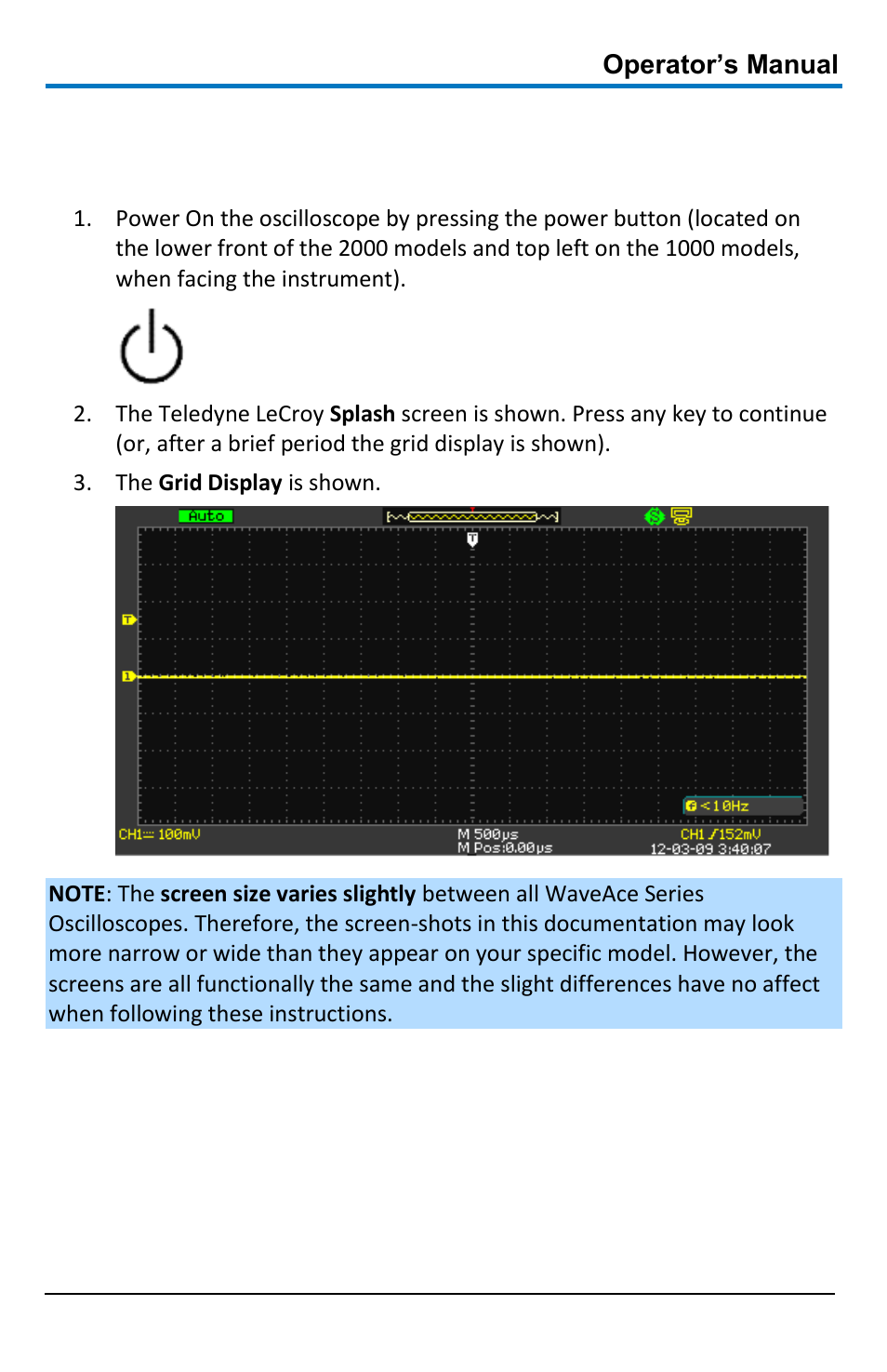 Basic controls, Powering up your waveace | Teledyne LeCroy WaveAce 1000_2000 User Manual | Page 15 / 108