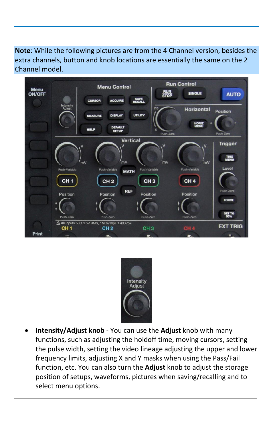 Front panel controls, Intensity/adjust knob | Teledyne LeCroy WaveAce 1000_2000 User Manual | Page 16 / 108