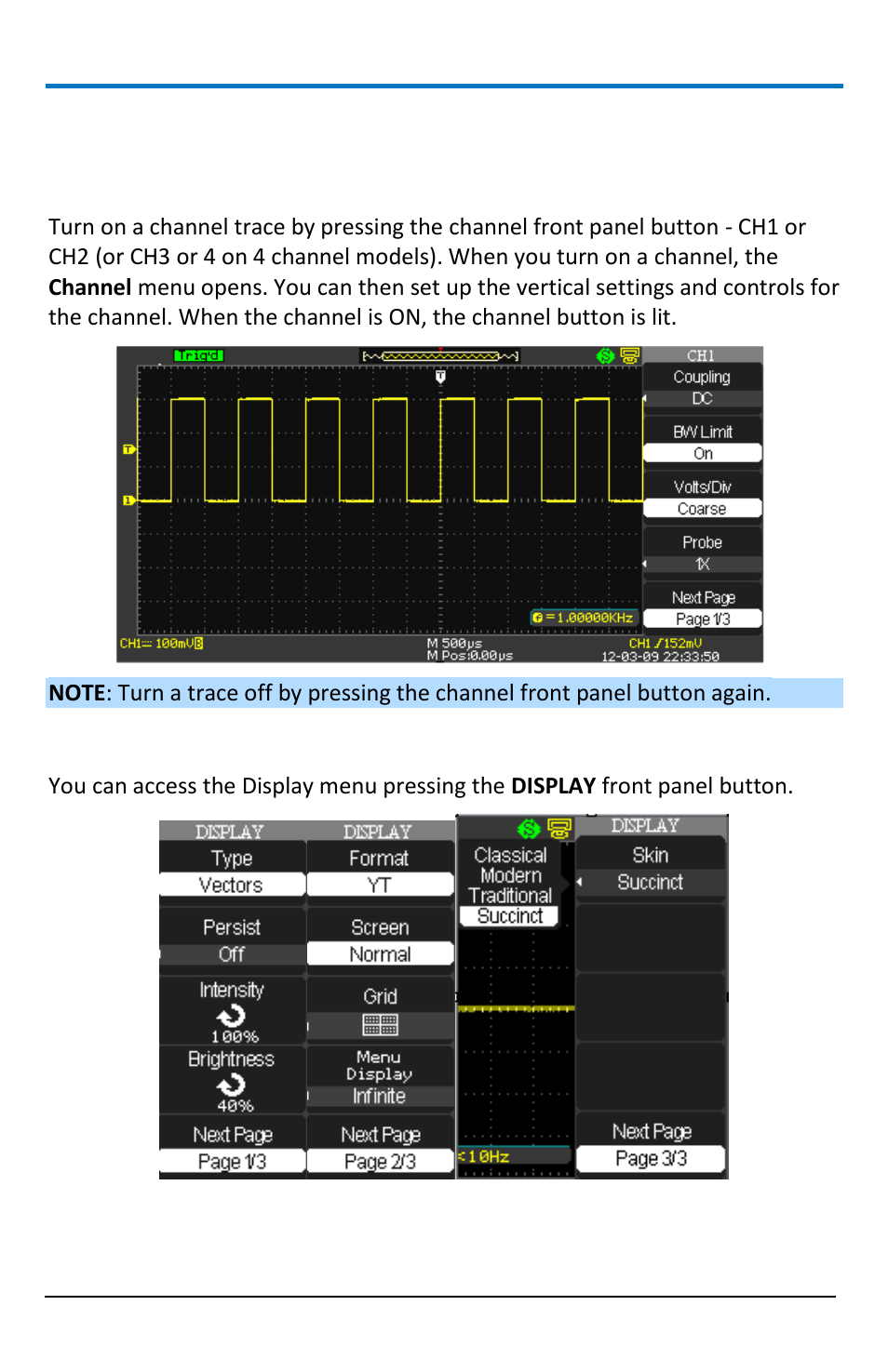 Viewing waveforms, Turning on traces, Setting up the display | Teledyne LeCroy WaveAce 1000_2000 User Manual | Page 24 / 108