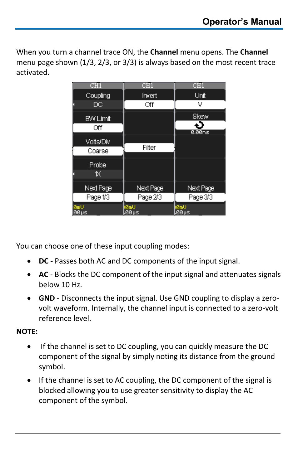 Vertical settings and channel controls, Choosing coupling | Teledyne LeCroy WaveAce 1000_2000 User Manual | Page 29 / 108