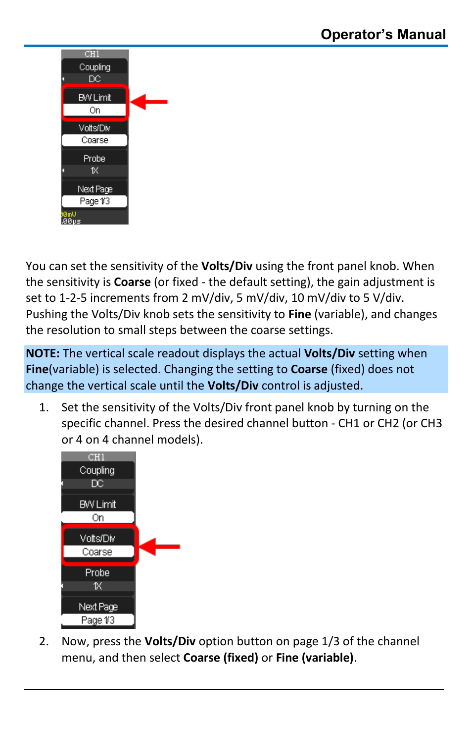 Adjusting sensitivity, Operator’s manual | Teledyne LeCroy WaveAce 1000_2000 User Manual | Page 31 / 108