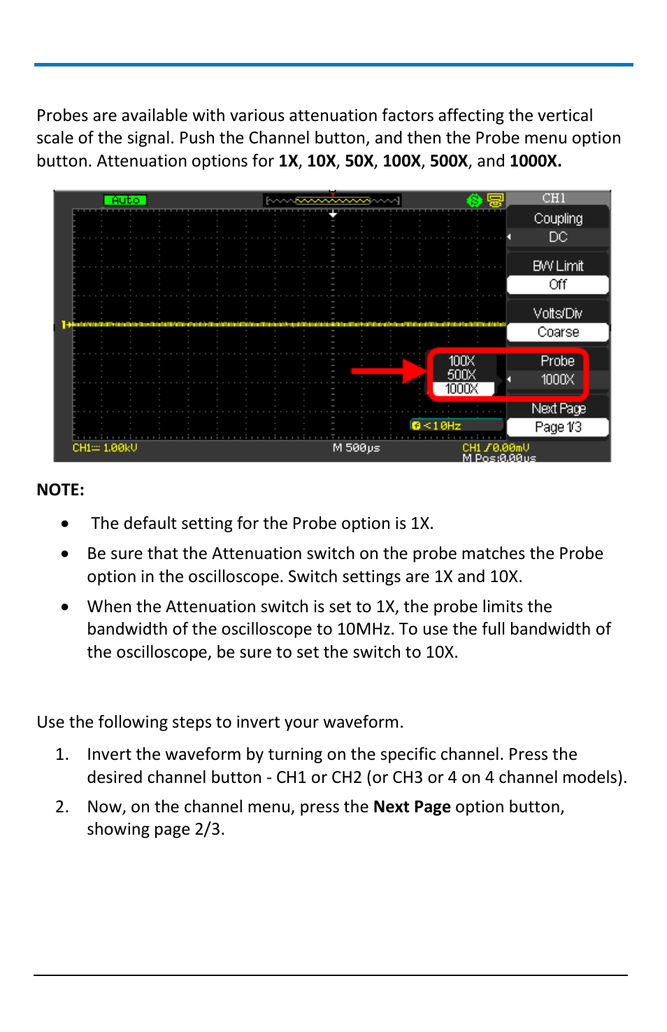 Setting probe attenuation, Inverting waveforms | Teledyne LeCroy WaveAce 1000_2000 User Manual | Page 32 / 108