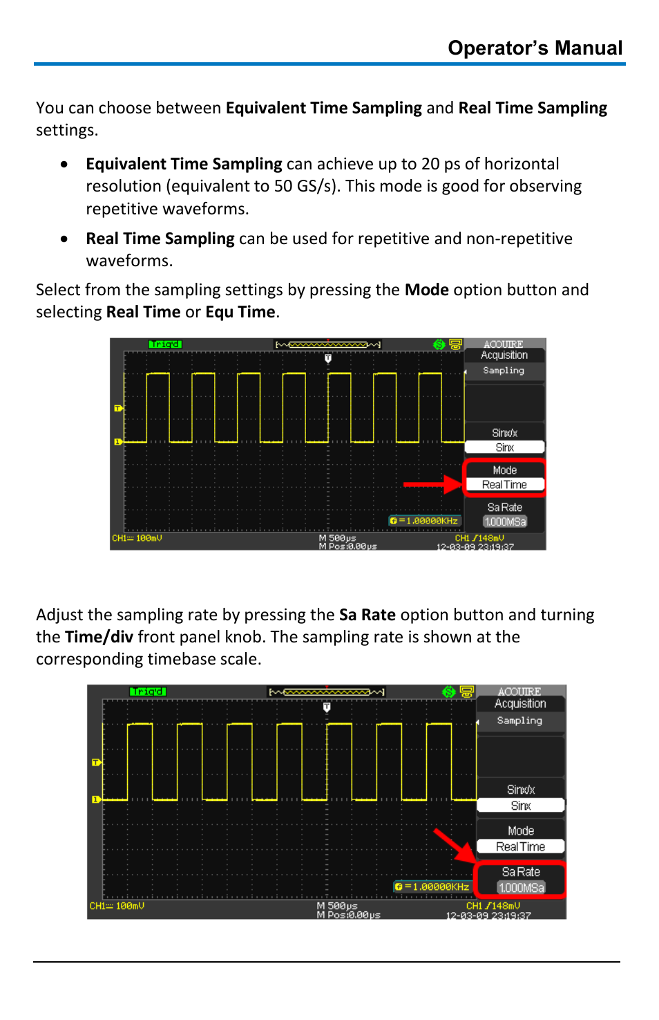 Mode selection, Sampling rate | Teledyne LeCroy WaveAce 1000_2000 User Manual | Page 37 / 108