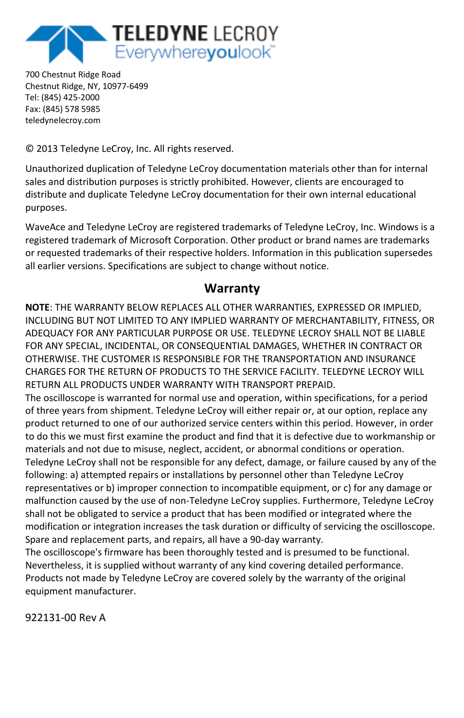 Warranty | Teledyne LeCroy WaveAce 1000_2000 User Manual | Page 4 / 108