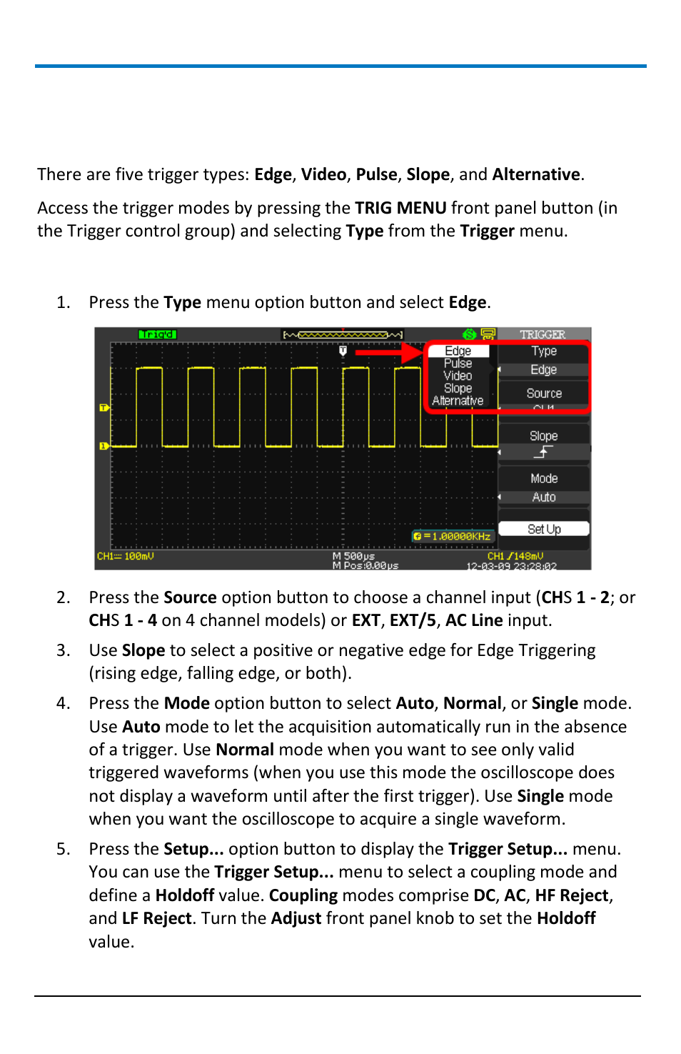 Triggering, Trigger types, Edge triggering | Teledyne LeCroy WaveAce 1000_2000 User Manual | Page 40 / 108