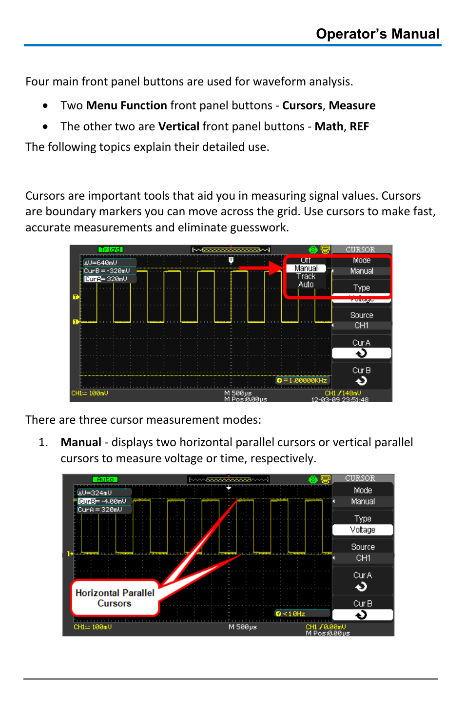 Analyzing waveforms, Measuring with cursors | Teledyne LeCroy WaveAce 1000_2000 User Manual | Page 45 / 108