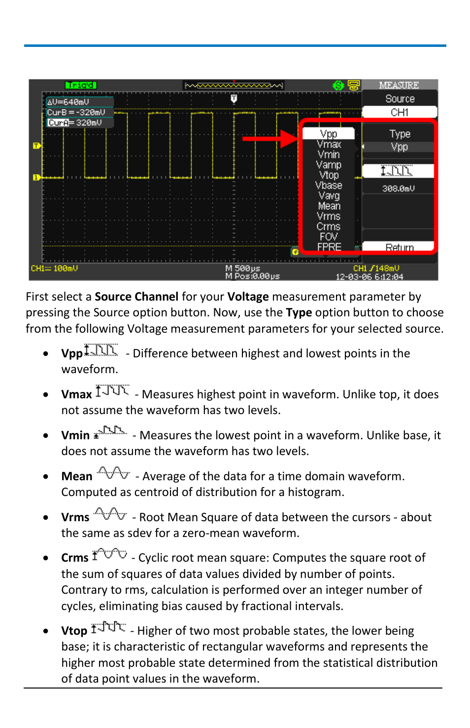 Voltage measurement parameters | Teledyne LeCroy WaveAce 1000_2000 User Manual | Page 50 / 108