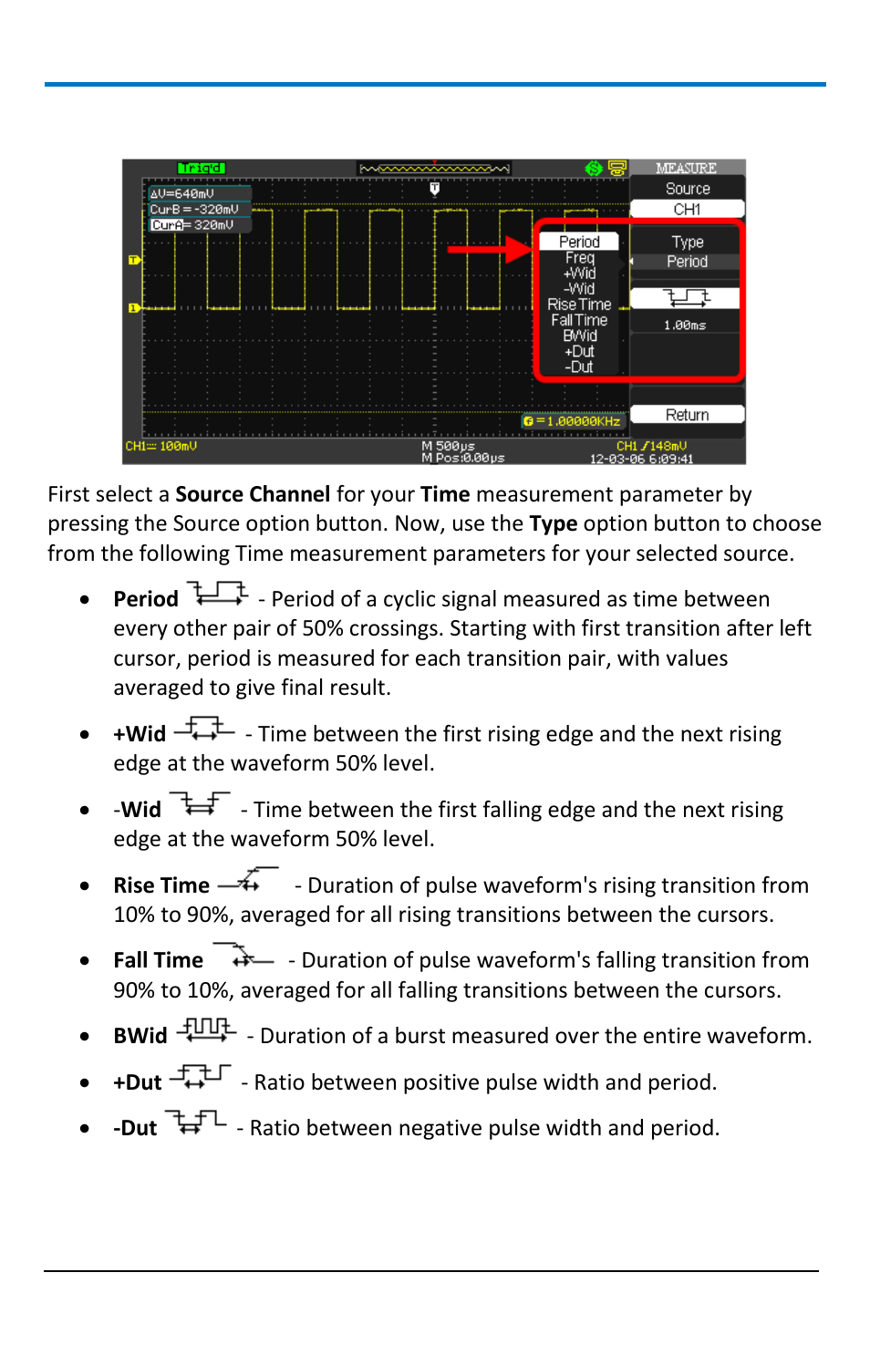 Time measurement parameters | Teledyne LeCroy WaveAce 1000_2000 User Manual | Page 52 / 108