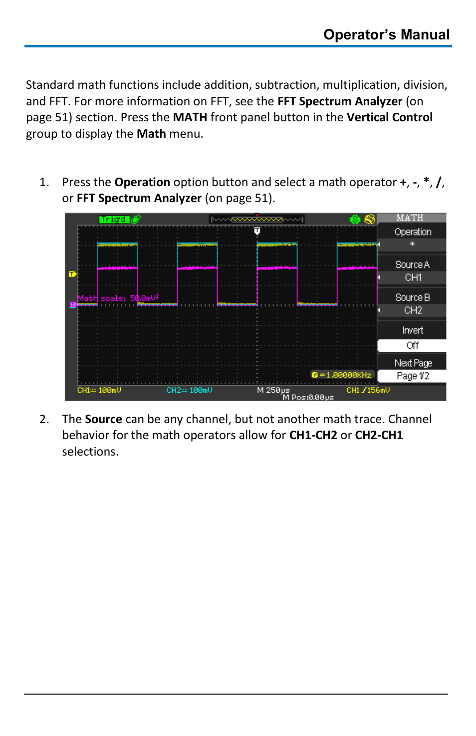 Waveform math, Math on 2 channel waveace models, Operator’s manual | Teledyne LeCroy WaveAce 1000_2000 User Manual | Page 55 / 108