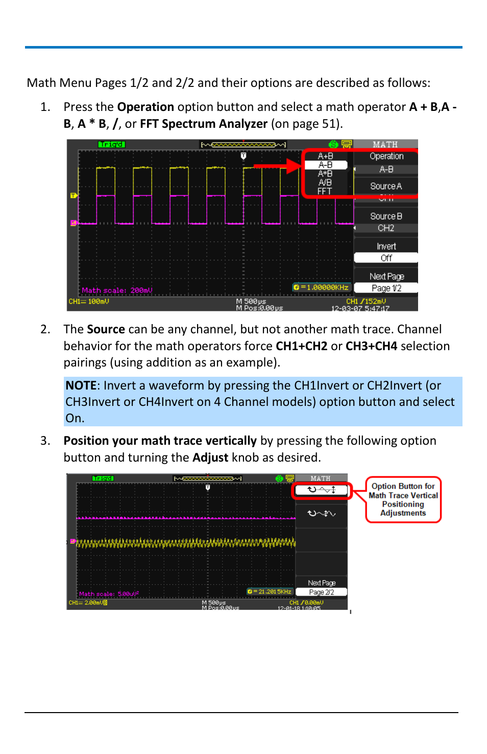 Math on 4 channel waveace models | Teledyne LeCroy WaveAce 1000_2000 User Manual | Page 56 / 108