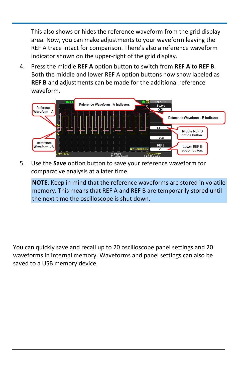 Save and recall, Saving and recalling oscilloscope settings | Teledyne LeCroy WaveAce 1000_2000 User Manual | Page 60 / 108