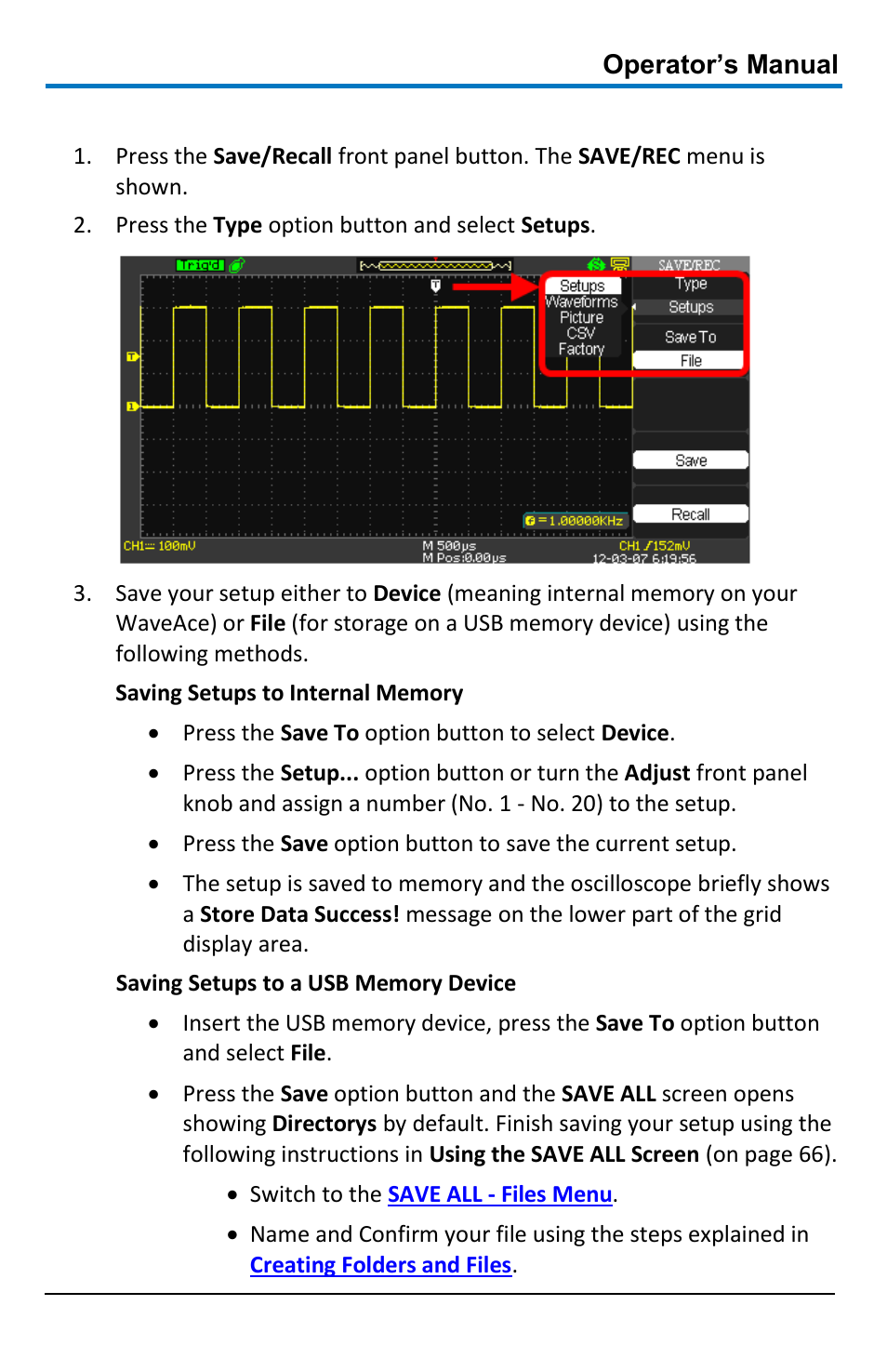 Saving the current settings | Teledyne LeCroy WaveAce 1000_2000 User Manual | Page 61 / 108