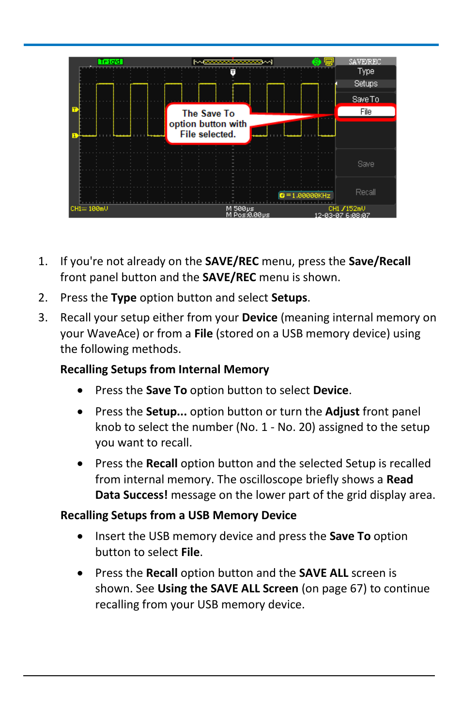 Recalling setups | Teledyne LeCroy WaveAce 1000_2000 User Manual | Page 62 / 108