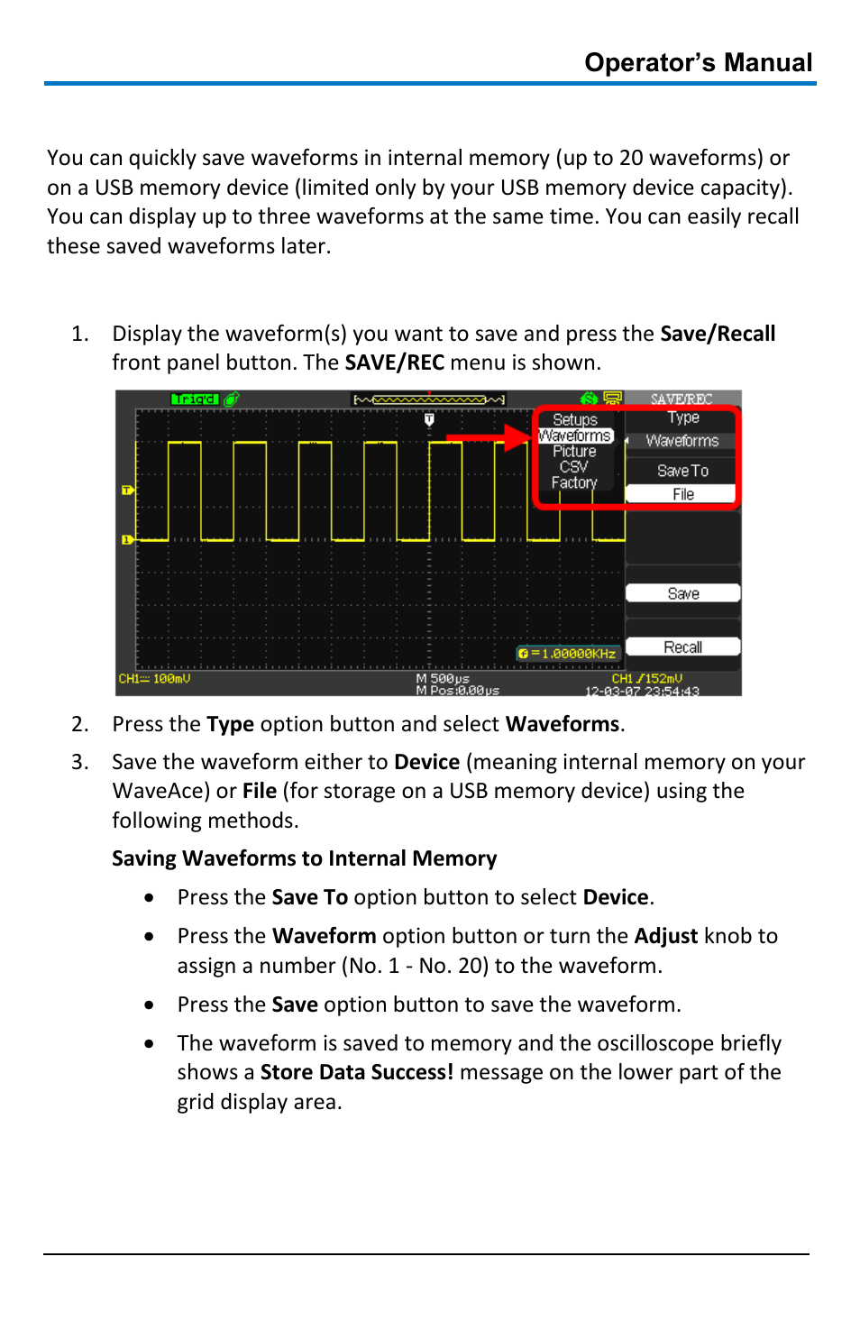 Saving and recalling waveforms, Saving waveforms | Teledyne LeCroy WaveAce 1000_2000 User Manual | Page 63 / 108