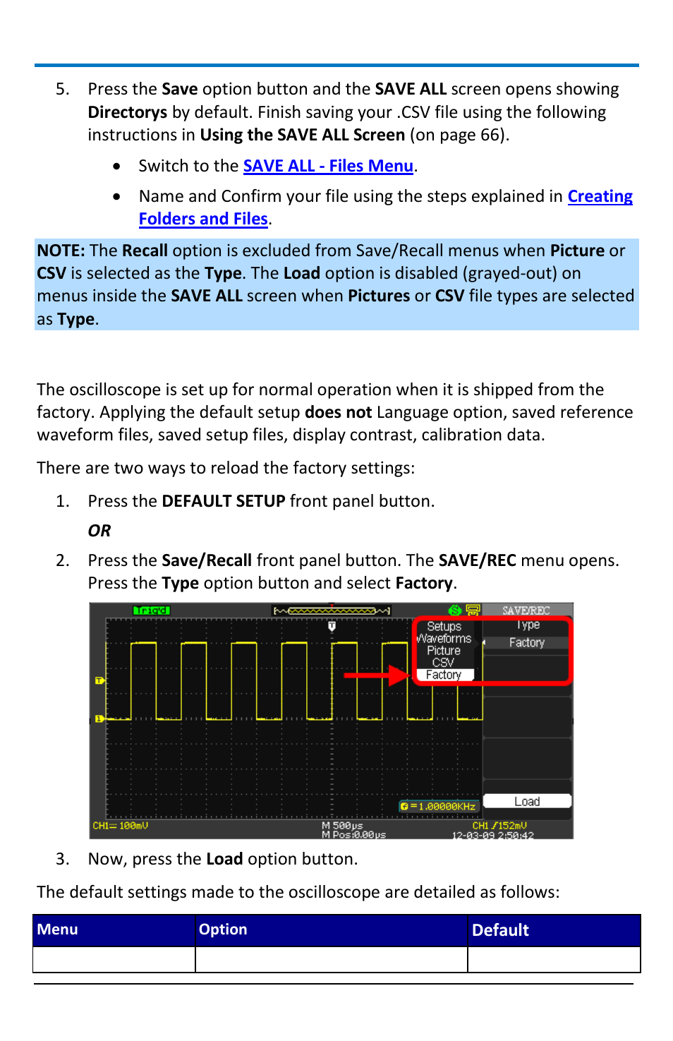 Recalling factory settings | Teledyne LeCroy WaveAce 1000_2000 User Manual | Page 68 / 108