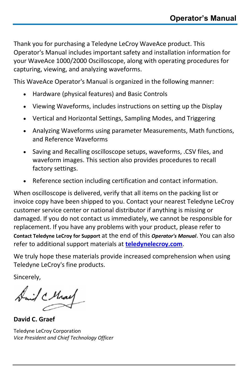 Welcome, Operator’s manual | Teledyne LeCroy WaveAce 1000_2000 User Manual | Page 7 / 108