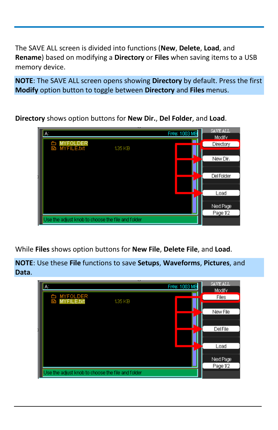 Save all - files menu, Using the save all screen, Save all- directory menu | Save all- files menu | Teledyne LeCroy WaveAce 1000_2000 User Manual | Page 72 / 108