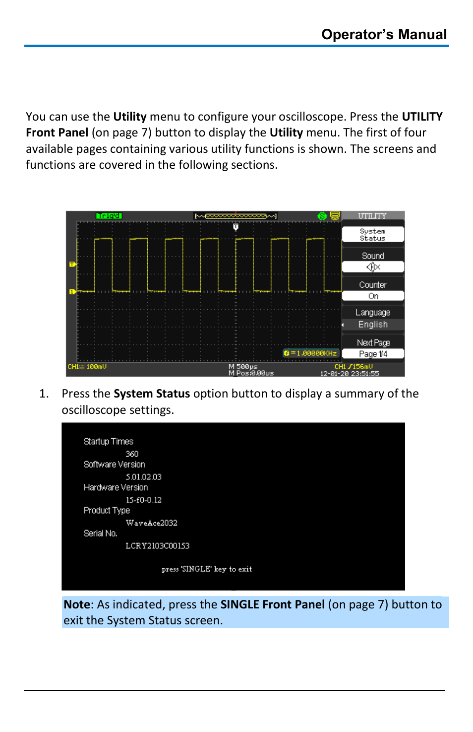Utilities, Utility menu, Utility menu - page 1/4 | Teledyne LeCroy WaveAce 1000_2000 User Manual | Page 75 / 108